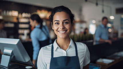 Smiling, young and attractive saleswoman, cashier serving customers. AI generativ. - obrazy, fototapety, plakaty