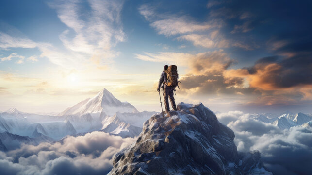 A lone explorer conquering the summit,  the ultimate testament to their perseverance