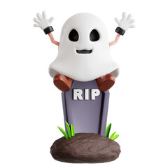 3d ghost halloween character sit on grave
