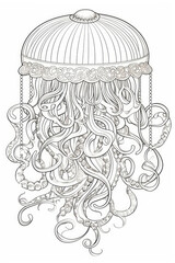 coloring page of a jellyfish in a line art hand drawn style for kids and teens (1)