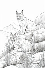 coloring page of a lynxe or wildcat in a line art hand drawn style for kids