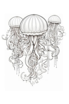coloring page of a jellyfish in a line art hand drawn style for kids and teens (1)