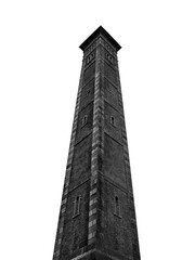 High brick tower construction over white background