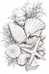 coloring page of an seashell or clam in a line art hand drawn style for kids