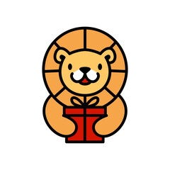 Obraz na płótnie Canvas lion is holding birthday gift Logo Cartoon Mascot character vector icon illustration