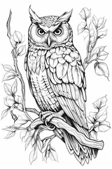 Poster coloring page of night owl or hooter in a line art hand drawn style for kids © LightoLife