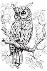 coloring page of night owl or hooter in a line art hand drawn style for kids