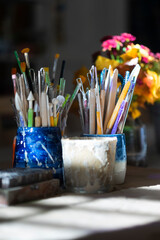 Attributes of the artist - ceramist - or tools for ceramics classes: brushes, sponges, scrapers