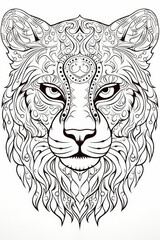 Obraz premium coloring page with mandala ornaments of a cheetah or tiger head in a line art hand drawn style
