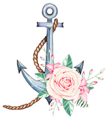 Hand drawn anchor with flowers, watercolor © Diasha Art