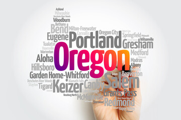 List of cities in Oregon USA state, map silhouette word cloud, map concept background