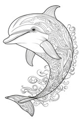 coloring page with mandala ornaments of a dolphin in a line art hand drawn style