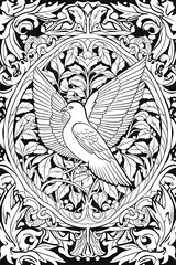 coloring page with mandala ornaments of a dove or pigeon in a line art hand drawn style