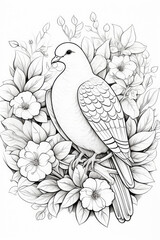 coloring page with mandala ornaments of a dove or pigeon in a line art hand drawn style