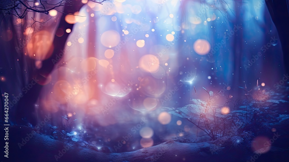 Poster Bokeh lights in a mysterious dreamy forest with a filtered textured image
