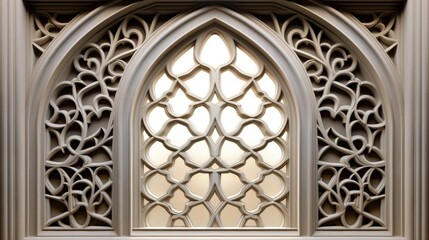 An Islamic art exhibit in Dubai showcasing a carved stone openwork window in the style of Arabic mosques