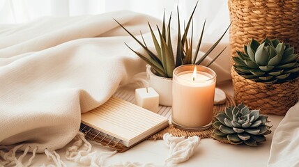 Boho workspace with modern minimal desk notebook succulent knitted plaid candle aroma sticks straw wicker napkins on white background Top view bohemian lifestyle blog hero