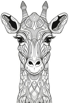 coloring page with mandala ornaments of a giraffe head in a line art hand drawn style
