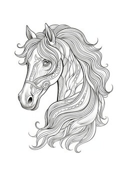 coloring page with mandala ornaments of a horse head in a line art hand drawn style