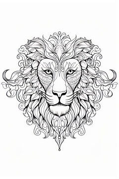coloring page with mandala ornaments of a lion head in a line art hand drawn style