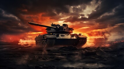 Battlefield featuring tank silhouette - obrazy, fototapety, plakaty
