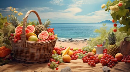 Beach picnic scene with fruit filled basket