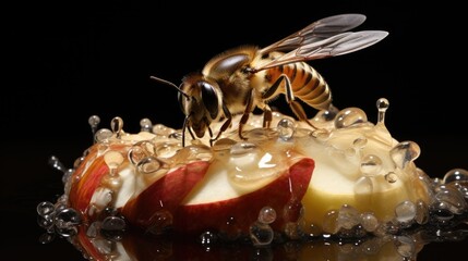 An apple slice entices fruit flies to feast - obrazy, fototapety, plakaty