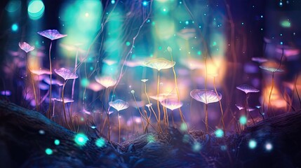 Bokeh lights in a mysterious dreamy forest with a filtered textured image - obrazy, fototapety, plakaty