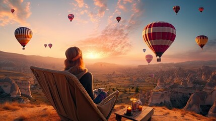 Budget female traveler watches hot air balloons at sunrise while sitting on a folding camping chair Embracing budget travel in Cappadocia