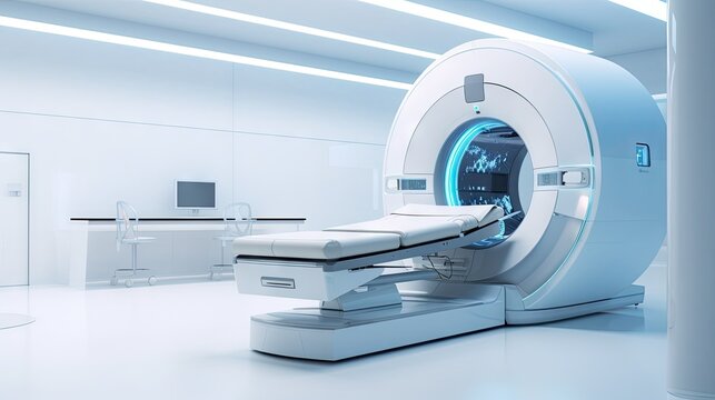 Advanced medical imaging equipment in a clean lab including CT MRI and PET scanners