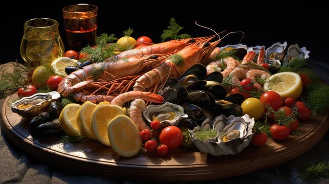 Close up of delicious seafood platter from the Mediterranean