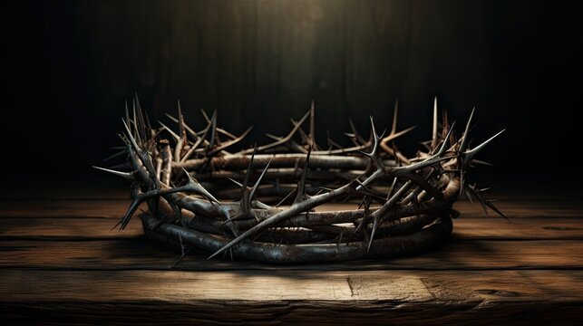 Christian symbolism embodied by thorny crown atop aged table