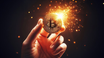A sparkling bitcoin in hand, symbolizing the risk of investing in cryptocurrency. - obrazy, fototapety, plakaty
