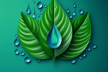 Abstract background with water drop on green leaves depicting world water day concept. Generative AI