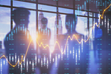 Caucasian businesspeople working together in blurry office interior with glowing candlestick forex chart and index hologram on blurry background. Trade and stats concept. Double exposure.