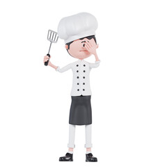 3d cartoon chef confused with holding spatula