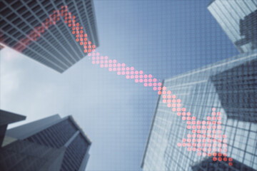 Creative downward red pixel arrow on blurry city backdrop. Double exposure.