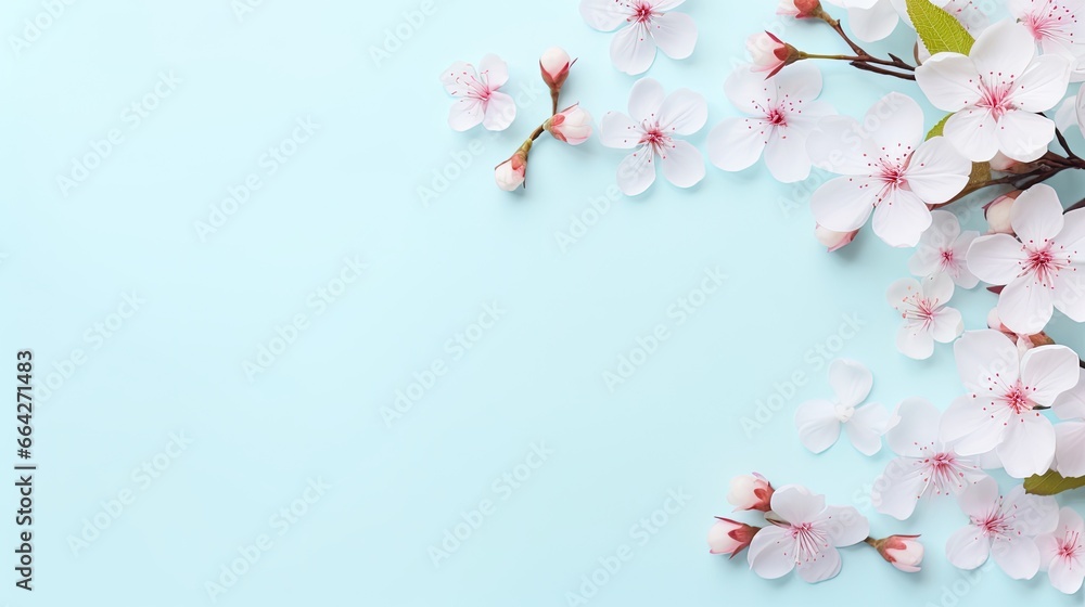 Poster blank paper with pink flowers on a pastel blue background arranged flat and viewed from above with s