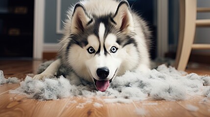 Annual shedding of pets coats during the molt Grooming the undercoat of a Siberian husky Combing boy removes wool Husky lies on floor eyes wide with fear - obrazy, fototapety, plakaty
