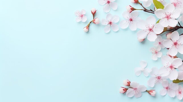 Blank paper with pink flowers on a pastel blue background arranged flat and viewed from above with space for text