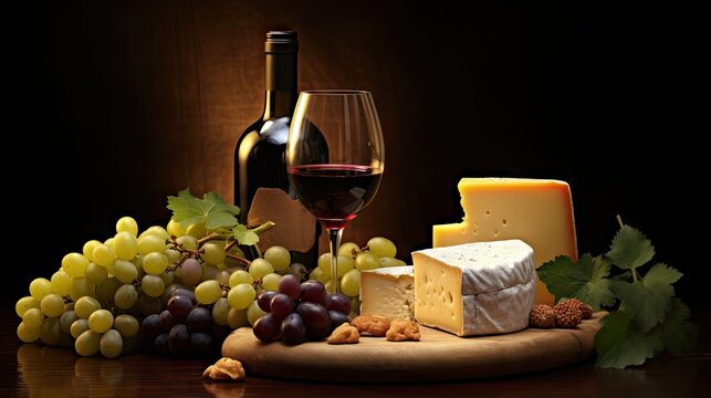 Cheese wine and grapes arranged in a photo studio