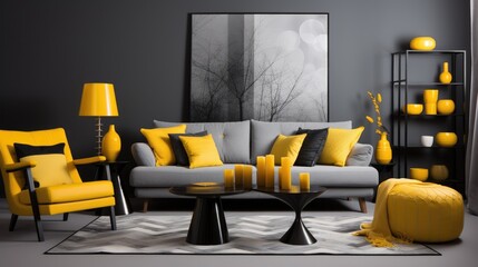Black and white patterned decorations accessorize a grey living room with a sofa chairs standing lamp and small table highlighted with yellow accents