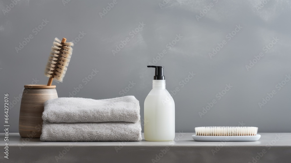 Poster bathroom shelf displaying various items with grey wall background
