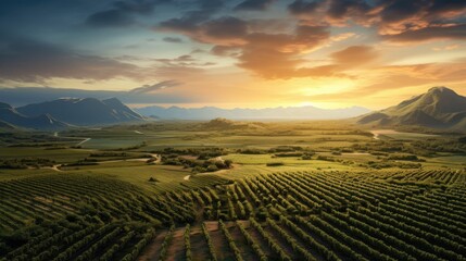 Beautiful sunrise aerial landscape over countryside vineyard fields