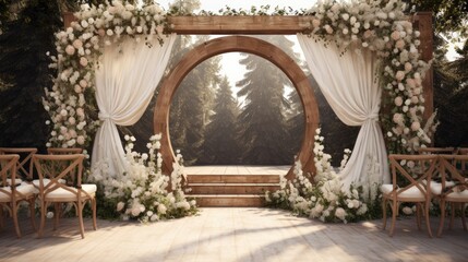 A white cloth and flower adorned wooden wedding arch stands in the center surrounded by greenery and brown chairs