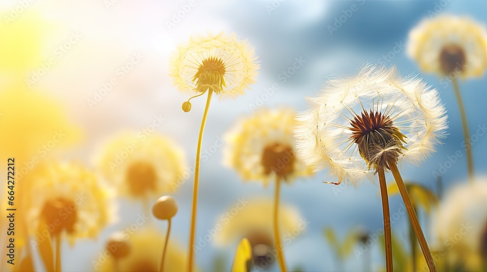 Poster close up abstract background of fluffy dandelion blossoms in spring