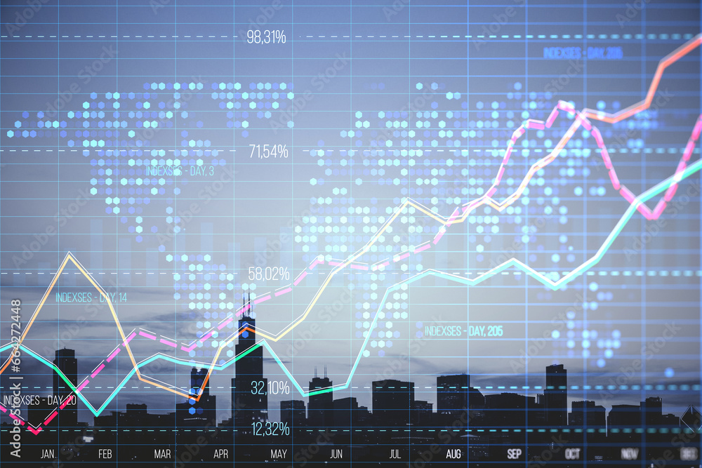 Poster abstract creative business graph with index, map and grid on blurry city background with skyscrapers