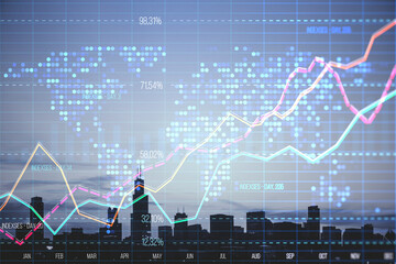 Abstract creative business graph with index, map and grid on blurry city background with skyscrapers. Stock market and financial statistics concept. Double exposure.