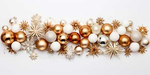 Top view of Christmas ornament balls decorations on white background