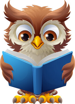 A wise owl bird cartoon cute character reading a book.